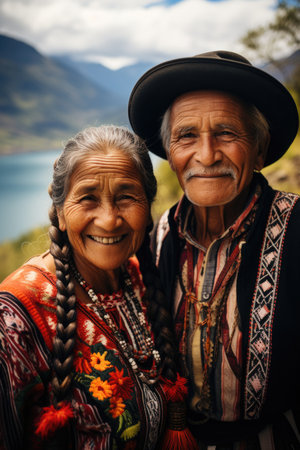 Portrait of a happy elderly couple on vacation in national costumes. Journey.の素材