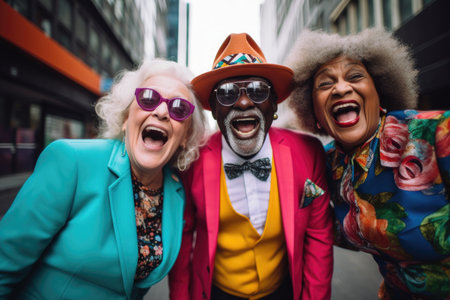 Three emotional elderly friends laughing happily, hugging each other, on a single city street.の素材