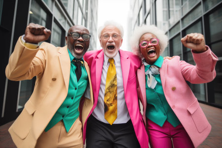 Three emotional elderly men laughing happily, hugging each other, on a single city street.の素材