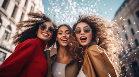 Three girlfriends laughing happily while hugging each other in a city street.の素材