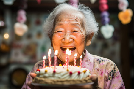 An elderly Asian woman blows out candles on a birthday cake in her home.の素材