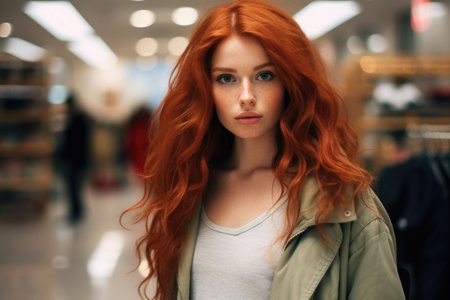 Close-up of a beautiful white girl with red hair, dressed in stylish clothes, who looks at the camera and smiles.の素材