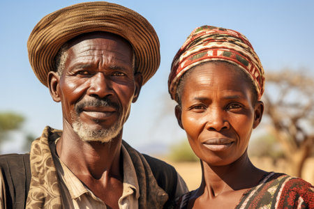 Portrait of an African couple of a man and a woman against the background of African nature. Mature African couple.の素材