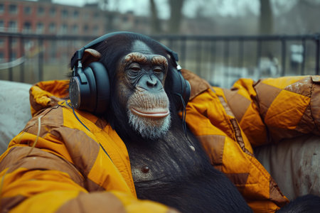 A chimpanzee monkey with musical headphones is sitting in an armchair.の素材