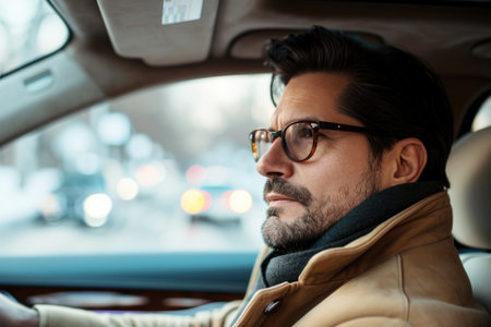 Portrait of a business man driving his car on a city street.の素材