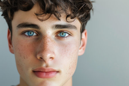 Close-up of a young male face on a light background.の素材