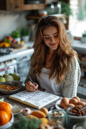 Nutritionist girl makes notes in a notebook about healthy eating with a bunch of vegetables and fruits on the table.の素材