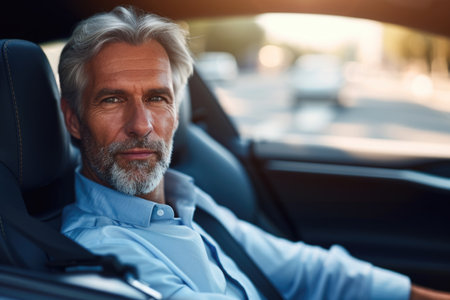 Portrait of a business man driving his car on a city street.の素材