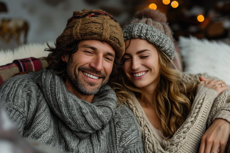 A happy couple in love in warm clothes is sitting next to each other in the interior. Romance.の素材