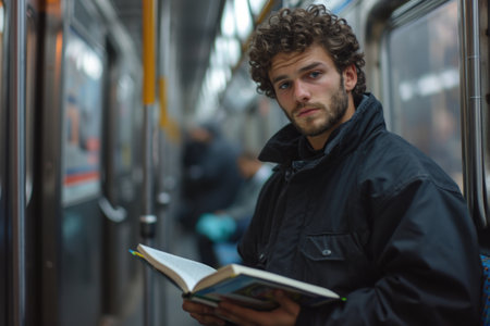 A curly-haired man rides the subway to work holding a book and reading it.の素材
