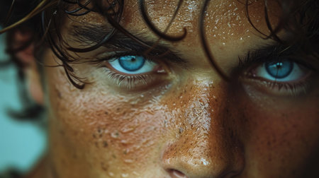 Close-up of a smeared serious male face with blue eyes on a dark background.の素材