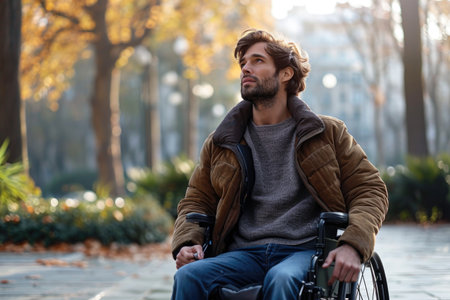 Portrait of a disabled man with a middle-aged beard in an autumn park.の素材