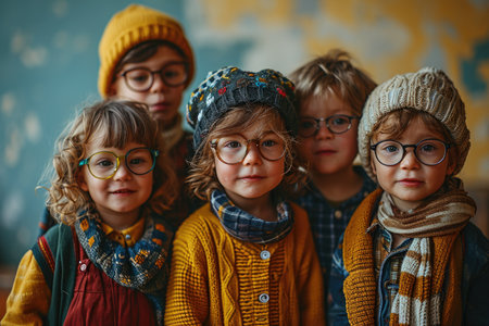 Four cheerful children in bright clothes and glasses are having fun spending their summer holidays outdoors.の素材