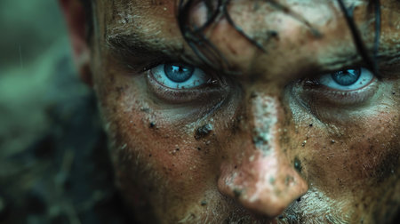 Close-up of a smeared serious male face with blue eyes on a dark background.の素材