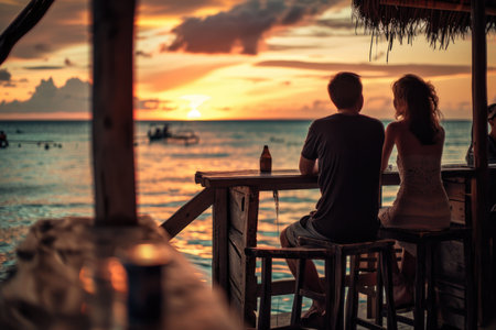 A couple drinks wine in a cafe against the backdrop of a sunset at sea. Silhouettes of people.の素材