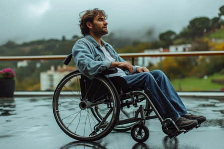 Portrait of a disabled man with a middle-aged beard in a park.の素材