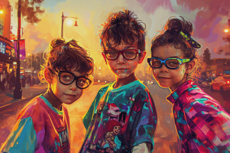 Portrait of children in colorful clothes on the street. Colored background. Animation.の素材