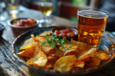 A glass of beer and potato chips in a plate on the table. Suitable for beer festival, pub, restaurant.の素材