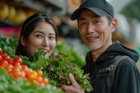 An Asian couple with bought vegetables. Portrait of happy customers smiling while looking at the camera.の素材