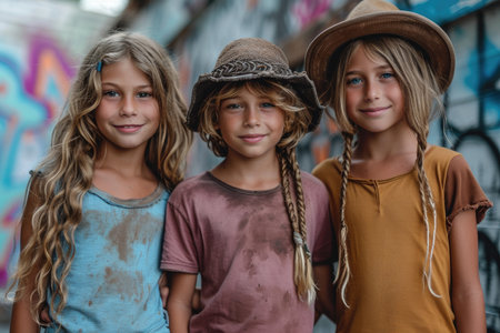 Three cheerful girlfriends in colorful clothes, having fun on summer vacation outside.の素材