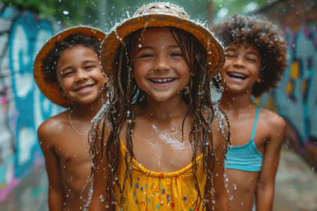 Three kids in colorful clothes having fun while it rains outside.の素材
