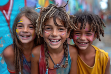 Three friends in colorful clothes having fun on a summer vacation outside.の素材