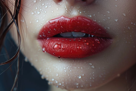 Sexy female lips in the rain close-up. Beautiful perfect makeup. macro.の素材