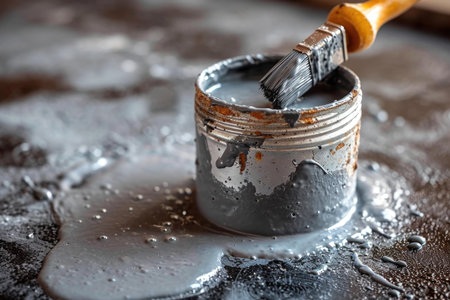 On freshly cast cement mortar at a construction site. The construction process.の素材