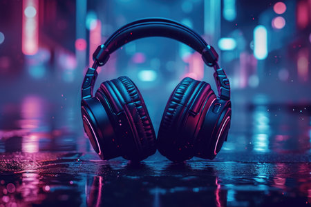 Large headphones lay on the night pavement. Night disco music background with neon lighting.の素材