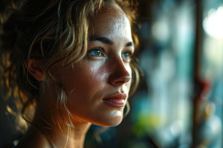 The face of a beautiful young woman in the countryside.の素材