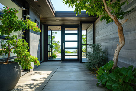 The main entrance to a modern country house. The front door to the house.の素材