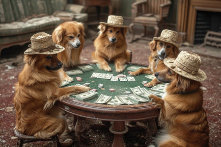A group of dogs in hats sit at a table and play poker. Casino.の素材