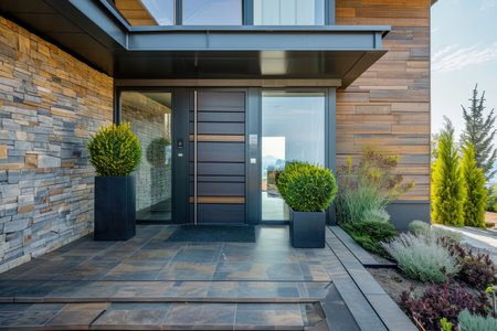 The main entrance to a modern country house. The front door to the house.の素材
