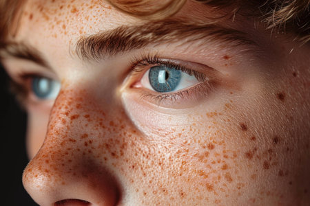 Macro photography of the blue eyes of a redheaded teenage boy.の素材