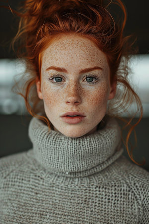 Portrait of a beautiful serious red-haired young girl in close-up.の素材