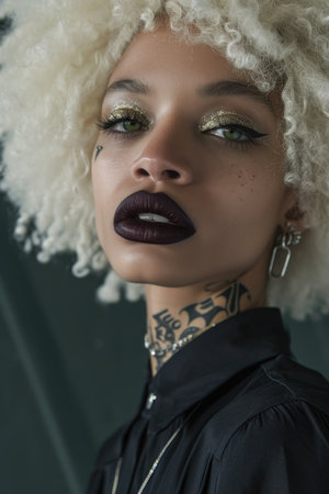 Portrait of an albino African girl with white hair close-up.の素材