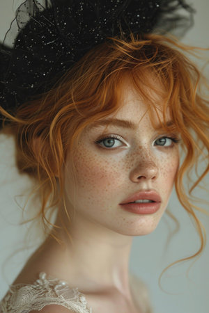 Portrait of a beautiful serious red-haired young girl in close-up.の素材