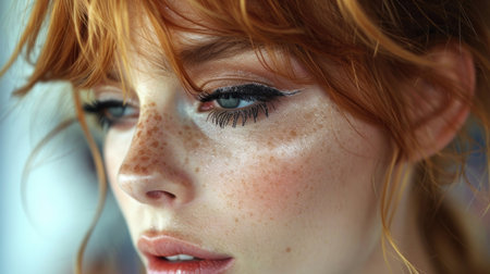 Portrait of a beautiful serious red-haired young girl in close-up.の素材