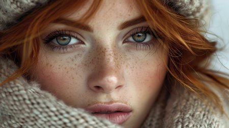 Portrait of a beautiful serious red-haired young girl in close-up.の素材