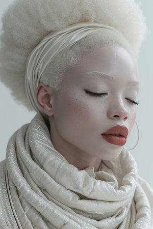 Portrait of an albino African girl with white hair close-up.の素材