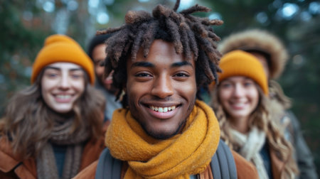 A reusable young group of happy people takes a selfie photo on a camera outside.の素材