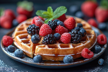 A plate of delicious waffles and berries are on the table.の素材