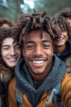 A reusable young group of happy people takes a selfie photo on a camera outside.の素材