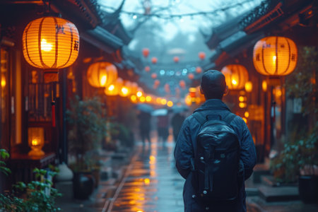 A local resident walks along an old Japanese street with glowing lanterns.の素材