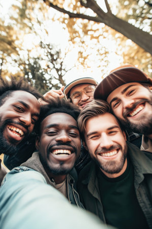 A reusable young group of happy people takes a selfie photo on a camera outside.の素材