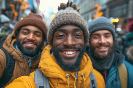 A reusable young group of happy people takes a selfie photo on a camera outside.の素材