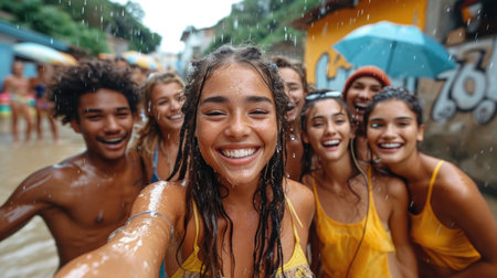 A reusable young group of happy people takes a selfie photo on a camera outside.の素材