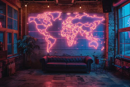 A world map on the wall with neon lighting. Designer decor on the wall in the room.の素材
