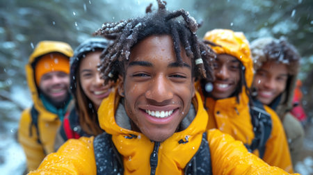 A reusable young group of happy people takes a selfie photo on a camera outside.の素材