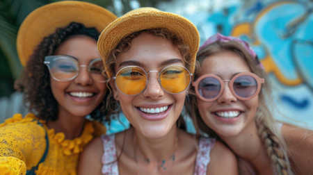 Portrait of smiling girlfriends in summer light clothes on the background of the street. A group of friends.の素材